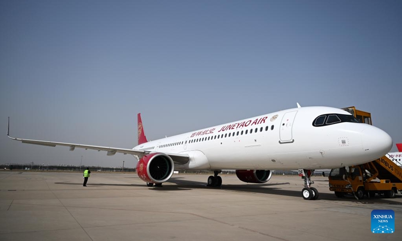 his photo taken on March 24, 2023 shows the first China-assembled A321neo aircraft in north China's Tianjin. European aircraft manufacturer Airbus started delivering A321neo aircraft assembled at its Final Assembly Line Asia (FALA) facility in north China's Tianjin Friday. Photo: Xinhua