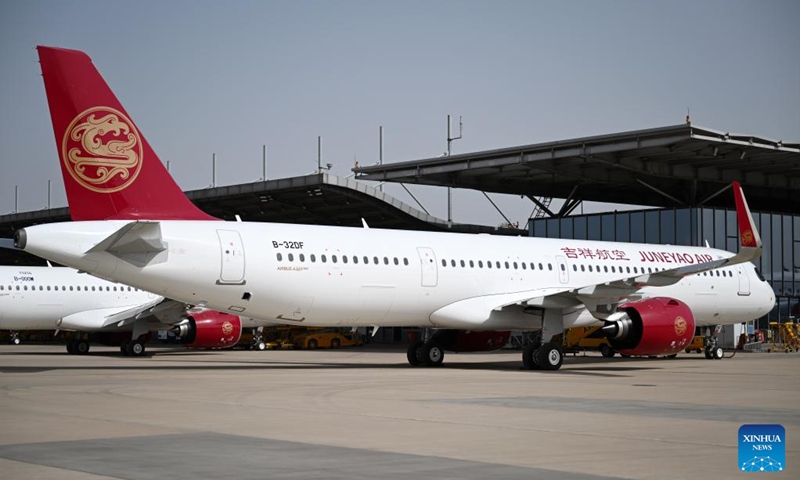 This photo taken on March 24, 2023 shows the first China-assembled A321neo aircraft in north China's Tianjin. European aircraft manufacturer Airbus started delivering A321neo aircraft assembled at its Final Assembly Line Asia (FALA) facility in north China's Tianjin Friday. Photo: Xinhua