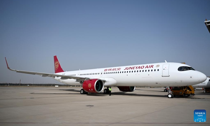 This photo taken on March 24, 2023 shows the first China-assembled A321neo aircraft in north China's Tianjin. European aircraft manufacturer Airbus started delivering A321neo aircraft assembled at its Final Assembly Line Asia (FALA) facility in north China's Tianjin Friday. Photo: Xinhua