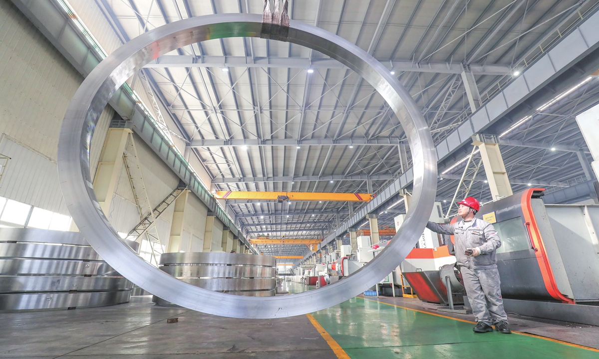 A worker checks wind turbines at a local production workshop for exports to the US on January 30, 2023 in Huzhou, East China's Zhejiang Province. Photo: VCG