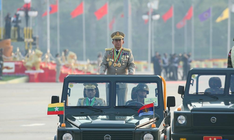 Commander-in-Chief of Defence Services Senior General Min Aung Hlaing attends a military parade to mark the 78th Armed Forces Day in Nay Pyi Taw, Myanmar, March 27, 2023. Myanmar celebrated its 78th Armed Forces Day on Monday with a military parade in the capital Nay Pyi Taw in commemoration of the start of its anti-fascist movement during World War II. (Photo by Myo Kyaw Soe/Xinhua)