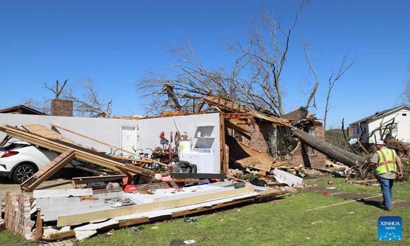 This photo taken on April 1, 2023 shows properties damaged by a strong tornado in Little Rock, Arkansas, the United States. At least 21 people have been killed and more than 130 others injured after strong tornadoes and deadly storms struck multiple midwestern and southern U.S. states Friday into early Saturday, authorities said. (Photo: Xinhua)