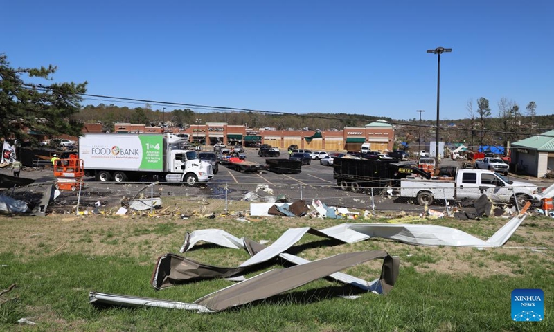 This photo taken on April 1, 2023 shows properties damaged by a strong tornado in Little Rock, Arkansas, the United States. At least 21 people have been killed and more than 130 others injured after strong tornadoes and deadly storms struck multiple midwestern and southern U.S. states Friday into early Saturday, authorities said.(Photo: Xinhua)