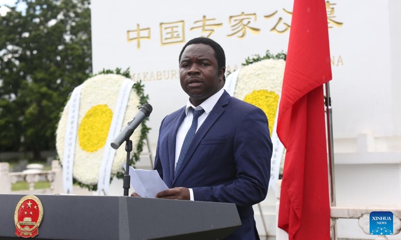 Tanzanian Deputy Minister for Works and Transport Atupele Mwakibete speaks during a memorial ceremony at the Chinese experts' cemetery at Pugu on the outskirts of Dar es Salaam, Tanzania, on April 3, 2023. Tanzanian senior government officials on Monday joined the Chinese community living in the country at the Tomb-Sweeping Day memorial ceremony for Chinese experts who died during the construction of the Tanzania-Zambia Railway and the implementation of other China-Tanzania cooperation projects. (Photo:Xinhua)