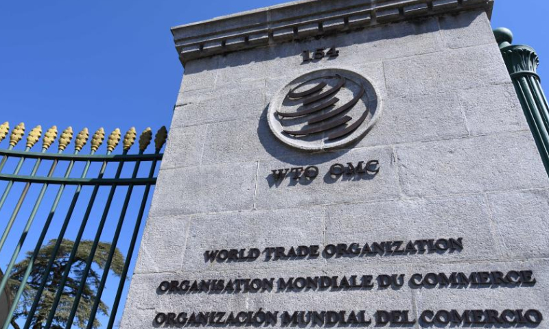 A logo of the World Trade Organization (WTO) is seen in Geneva, Switzerland, on April 5, 2023. Global trade growth in 2023 will slow to 1.7 percent, the World Trade Organization (WTO) said in its annual trade statistics and outlook report, published on Wednesday. (Xinhua)