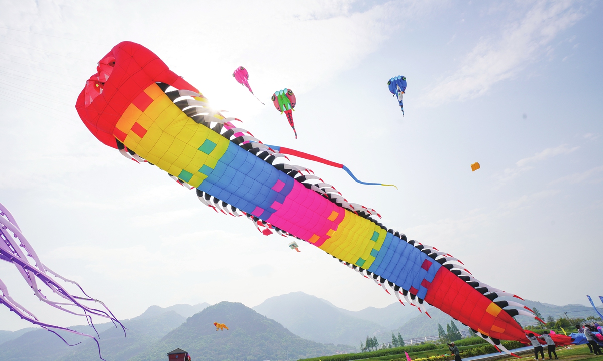 Kites soar in the sky in Wenzhou, East China's Zhejiang Province in the two-day 2023 National Kite Elite Competition on April 11, 2023. The event drew 117 competitors from 25 teams from all over the country. Photo: VCG