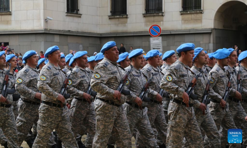 The Air Force representatives march during a military parade in Sofia, Bulgaria, May 6, 2023. A military parade took place in Sofia on Saturday, marking the Bulgarian Armed Forces Day. (Xinhua/Lin Hao)