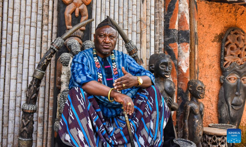 The chief Inocent Nayang Toukam is seated on his throne in the palace of Batoufam chiefdom, West region, Cameroon, April 13, 2023. (Xinhua/Kepseu)