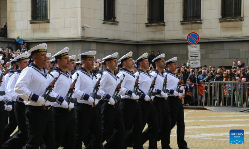 The Navy representatives march during a military parade in Sofia, Bulgaria, May 6, 2023. A military parade took place in Sofia on Saturday, marking the Bulgarian Armed Forces Day. (Xinhua/Lin Hao)