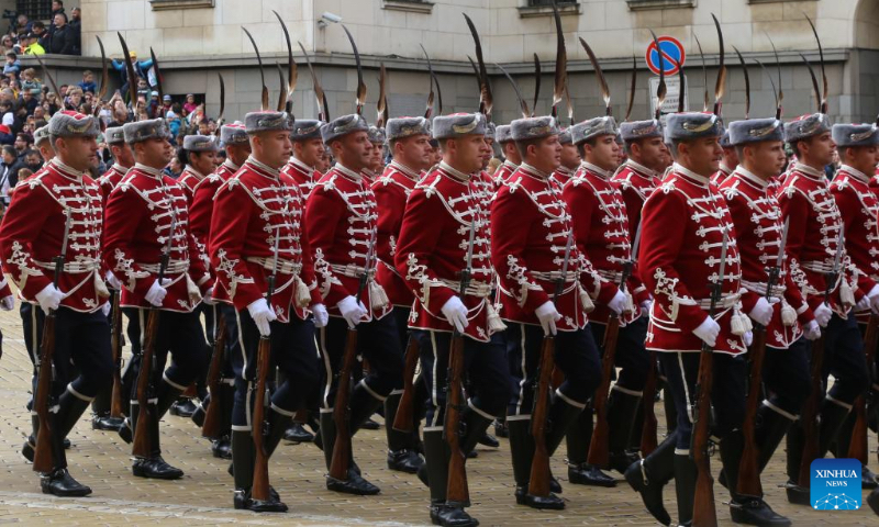 The National Guards Unit representatives march during a military parade in Sofia, Bulgaria, May 6, 2023. A military parade took place in Sofia on Saturday, marking the Bulgarian Armed Forces Day. (Xinhua/Lin Hao)