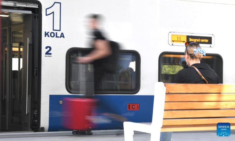 Passengers board a train to Belgrade at Novi Sad station in Serbia, May 6, 2023. The 80-kilometer-long, Chinese-built Belgrade-Novi Sad high-speed railway has been carrying passengers at speeds of up to 200 kilometers per hour since March 2022. (Xinhua/Ren Pengfei)