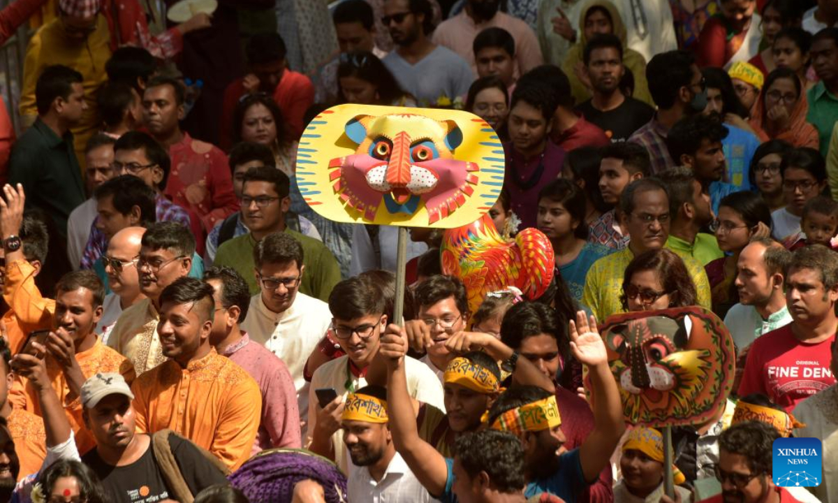 People join a colorful procession to celebrate the Bengali New Year in Dhaka, Bangladesh on April 14, 2023. Photo:Xinhua