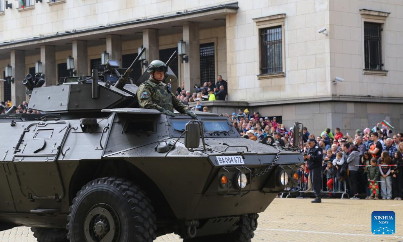 An armored vehicle is seen during a military parade in Sofia, Bulgaria, May 6, 2023. A military parade took place in Sofia on Saturday, marking the Bulgarian Armed Forces Day. (Xinhua/Lin Hao)