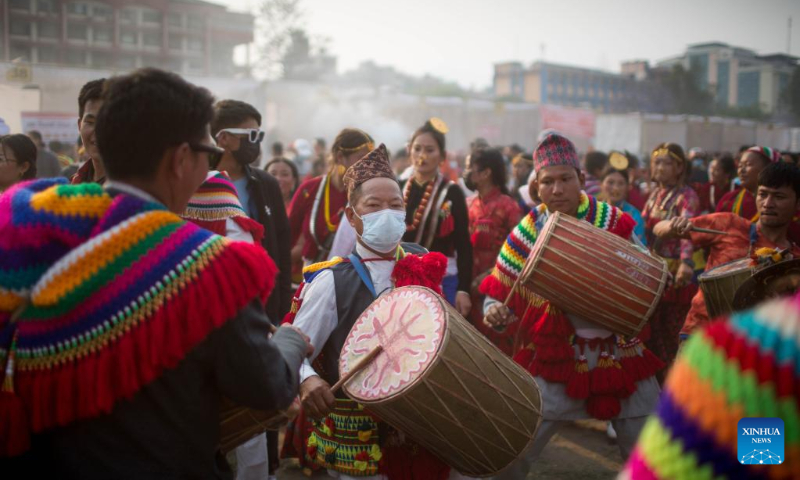 People from the Kirat community perform a traditional dance to celebrate the Ubhauli festival in Kathmandu, Nepal, May 13, 2023. (Photo by Sulav Shrestha/Xinhua)