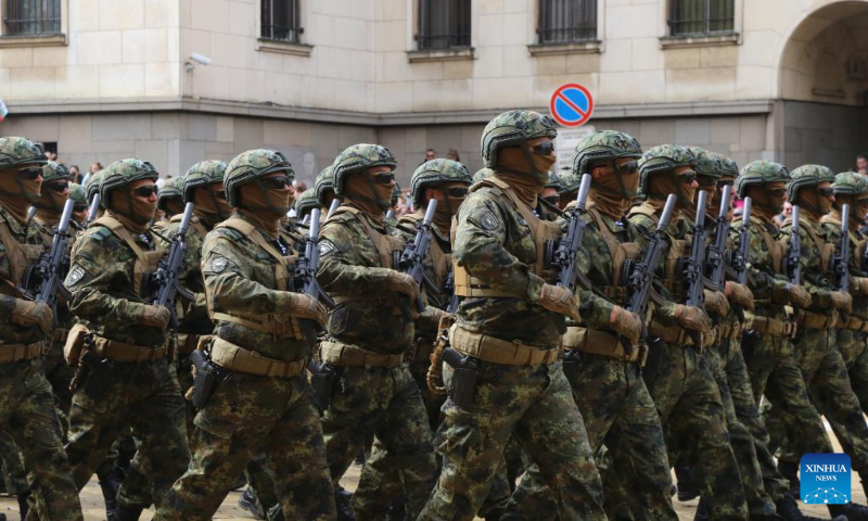 The Joint Special Operations Command representatives march during a military parade in Sofia, Bulgaria, May 6, 2023. A military parade took place in Sofia on Saturday, marking the Bulgarian Armed Forces Day. (Xinhua/Lin Hao)