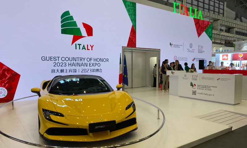 A luxury car is presented at the Italian national pavilion at the ongoing China International Consumer Products Expo held in Haikou, South China's Hainan Province, on April 11, 2023. Photo: Xie Jun/GT