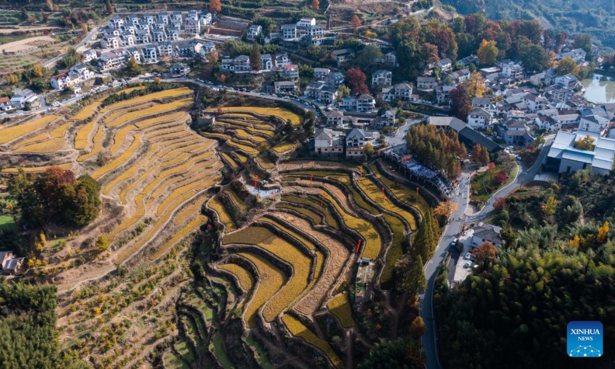 This aerial photo taken on Nov. 5, 2022 shows the autumn scenery of Zhinan Village in Lin'an District of Hangzhou City, east China's Zhejiang Province. Photo:Xinhua