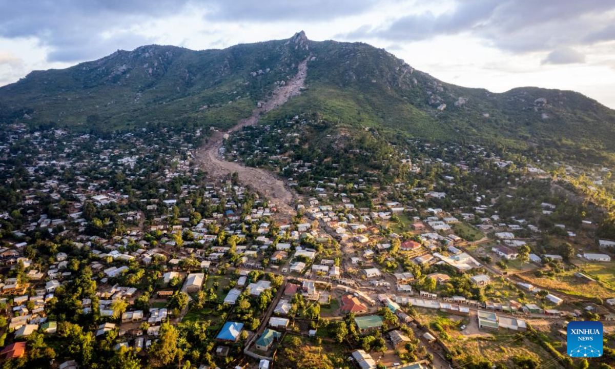 Aerial photo taken on April 26, 2023 shows a residential area hit by a mudslide during Tropical Cyclone Freddy in Blantyre, Malawi. Cyclone Freddy hit the southern part of Malawi starting from March 12, affecting 14 districts where floods and mudslides left more than 1,200 deaths (679 confirmed deaths and 537 people missing and presumed dead), and 2,178 injuries. Photo:Xinhua