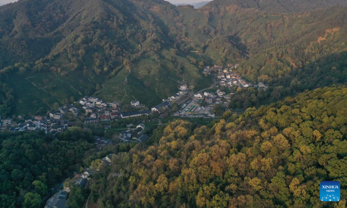 This aerial photo taken on March 15, 2023 shows the Longjing Village of Hangzhou City, east China's Zhejiang Province. China has inscribed a total of 8,155 traditional villages to its state protection list in an effort to conserve the country's millennia-old agricultural civilization, official data showed. Photo:Xinhua