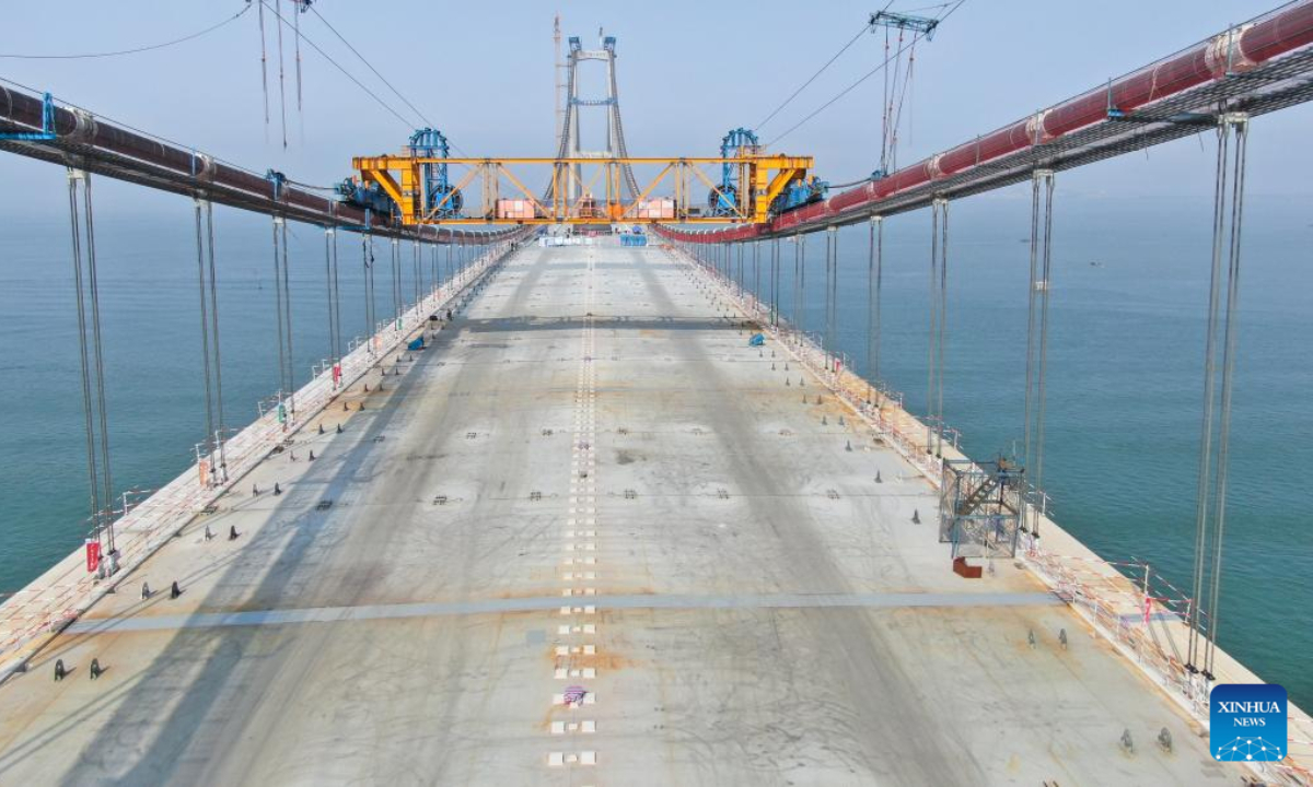 This aerial photo taken on April 28, 2023 shows the construction site of Lingdingyang bridge, which is part of the Shenzhen-Zhongshan link in south China's Guangdong Province. Lingdingyang bridge, a key part of the Shenzhen-Zhongshan link, got its final segments joined on Friday.Photo:Xinhua