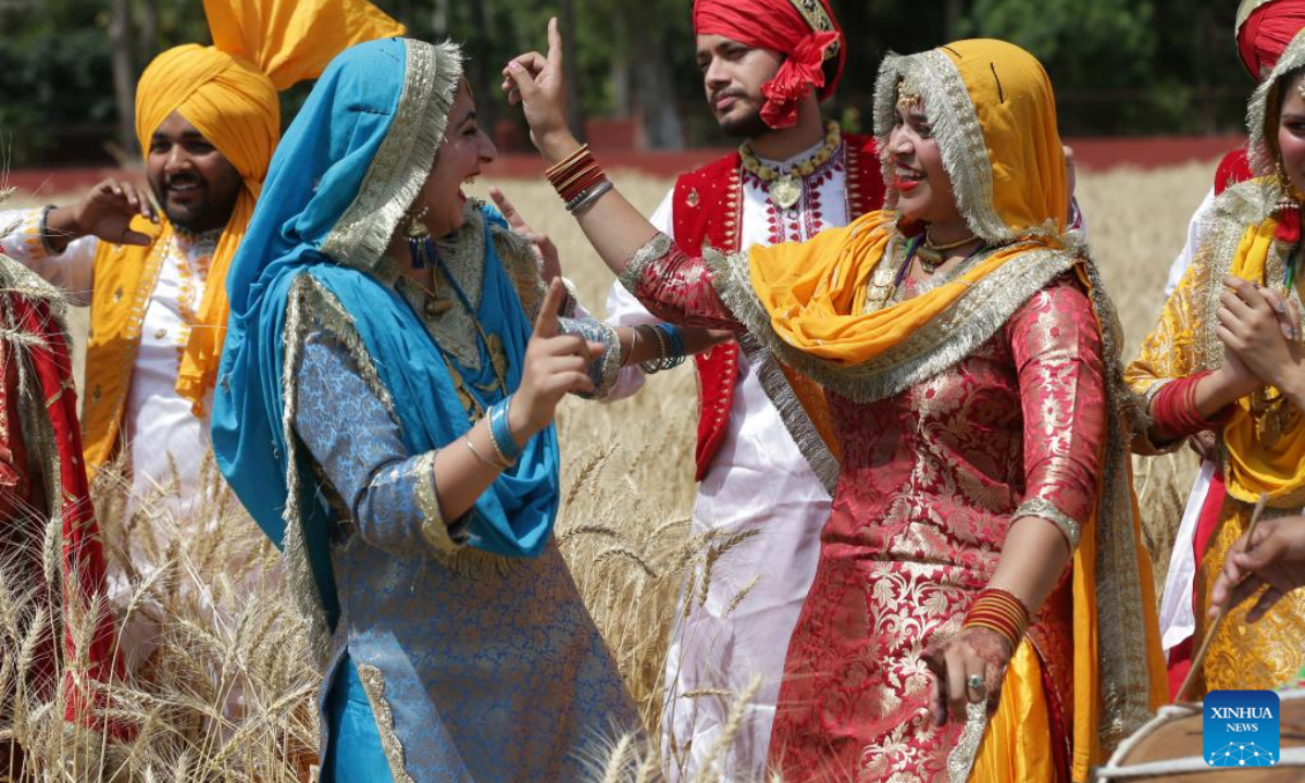 People wearing traditional Punjabi attire sing folk songs and perform folk dances during festival Baisakhi in a wheat farm in Amritsar district of India's northern Punjab state, April 13, 2023. Baisakhi is one of the most popular festivals celebrated in the Indian state of Punjab to mark the harvest. Photo:Xinhua