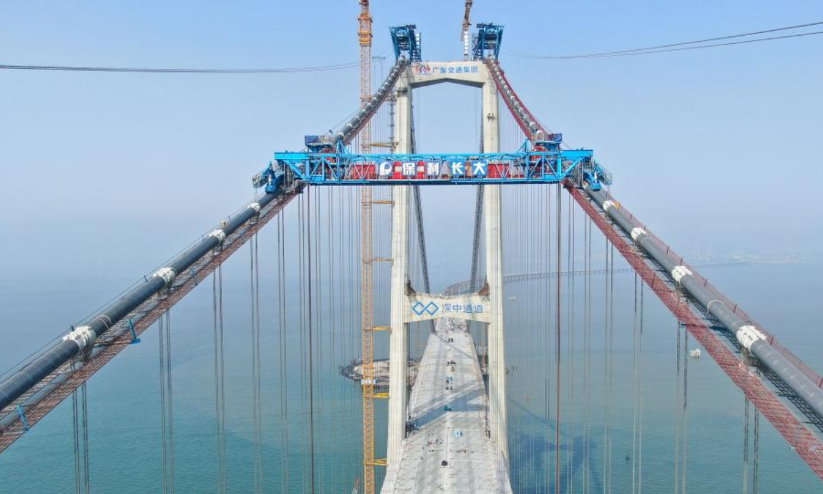 This aerial photo taken on April 28, 2023 shows the construction site of Lingdingyang bridge, which is part of the Shenzhen-Zhongshan link in south China's Guangdong Province. Lingdingyang bridge, a key part of the Shenzhen-Zhongshan link, got its final segments joined on Friday.Photo:Xinhua