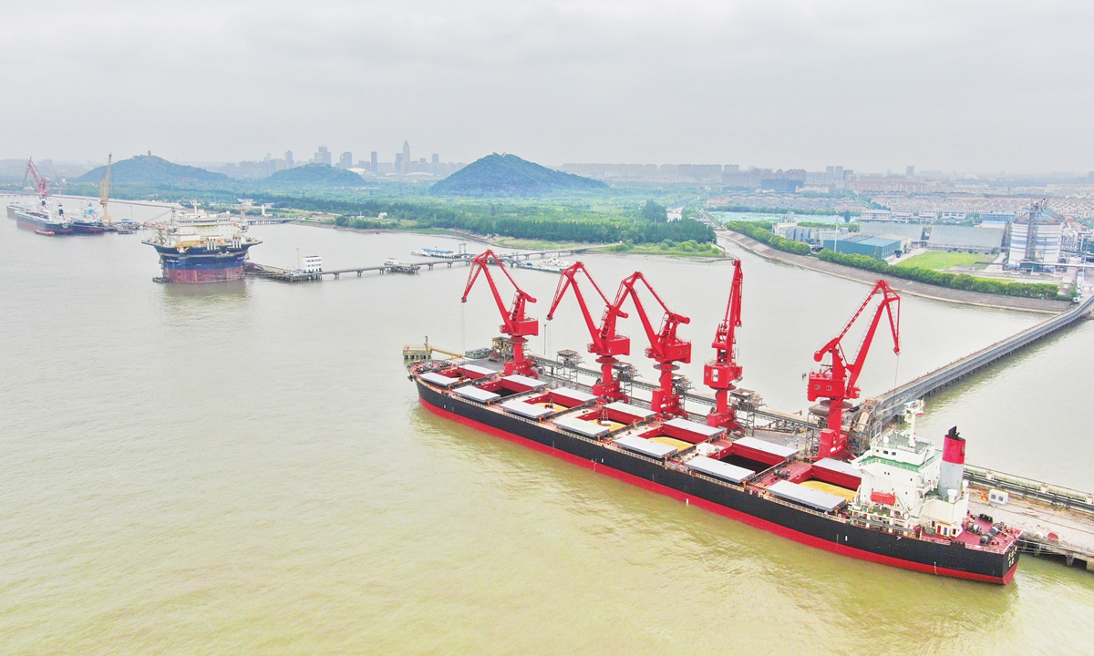 A file photo of a cargo ship carrying 54,000 tons of imported Brazilian soybeans at a terminal in Nantong, East China's Jiangsu Province Photo: VCG