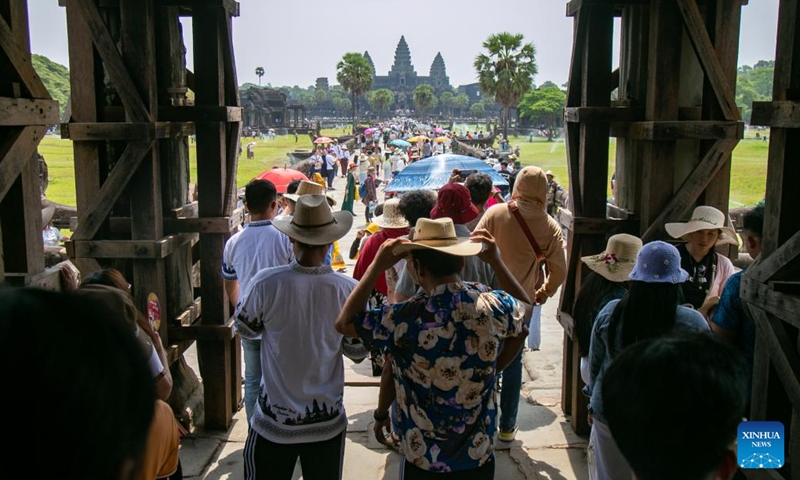 Tourists visit the Angkor Archeological Park in Siem Reap province, Cambodia, April 16, 2023. Cambodia's three-day Sankranta festival, or the traditional New Year celebration, ended on Sunday with 13.1 million people traveling to various tourist attractions across the kingdom, Tourism Minister Thong Khon said on Monday.(Photo: Xinhua)