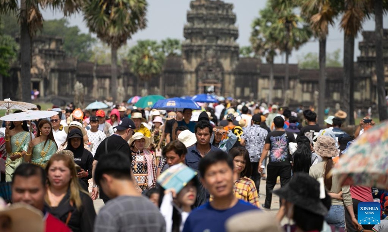 Tourists visit the Angkor Archeological Park in Siem Reap province, Cambodia, April 16, 2023. Cambodia's three-day Sankranta festival, or the traditional New Year celebration, ended on Sunday with 13.1 million people traveling to various tourist attractions across the kingdom, Tourism Minister Thong Khon said on Monday.(Photo: Xinhua)