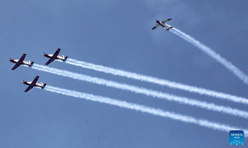 Aircraft of the Israeli Air Force Aerobatic Team fly during a training for the upcoming Israel's Independence Day in Tel Aviv, Israel, on April 17, 2023.(Photo: Xinhua)