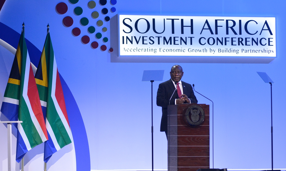 South African President Cyril Ramaphosa speaks during the South Africa Investment Conference in Johannesburg, South Africa, on April 13, 2023. Ramaphosa has set a target of attracting 2 trillion rand ($110 billion) of new investment in the next five years, according to media reports. Photo: VCG