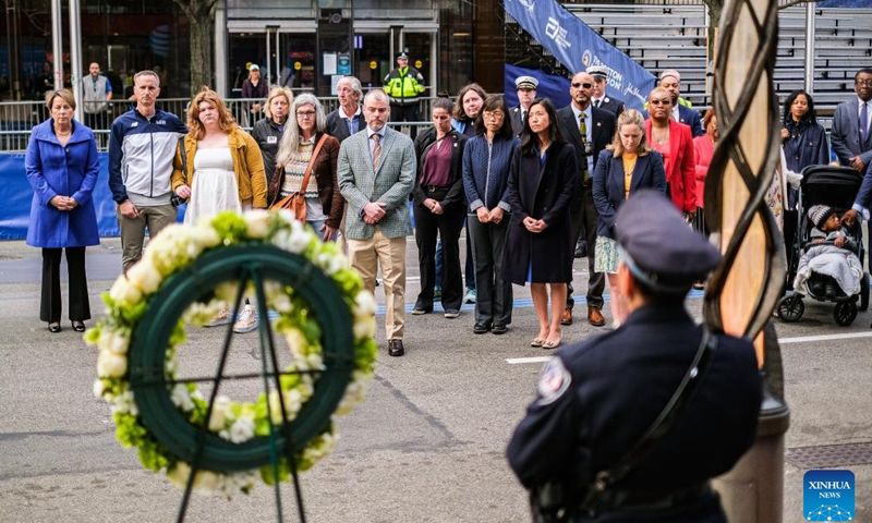 Family members of the Boston Marathon bombings victims attend a remembrance event in Boston, the United States, April 15, 2023. April 15, 2023 marks the 10-year anniversary of the Boston Marathon Bombings back in 2013.

On April 15, 2013, two bombs went off near the finish line of the Boston Marathon, killing three people and wounded more than 260 others. (Photo by Ziyu Julian Zhu/Xinhua)