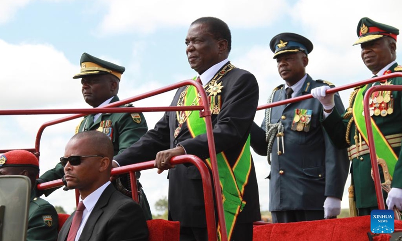 Zimbabwean President Emmerson Mnangagwa (C) is seen in a military vehicle during Independence Day celebrations in Mount Darwin, Mashonaland Central Province, Zimbabwe, on April 18, 2023. Zimbabwe marked its 43rd independence anniversary Tuesday with President Emmerson Mnangagwa saluting liberation and post-independence efforts as the country forges ahead to become a middle-income economy by 2030.(Photo: Xinhua)