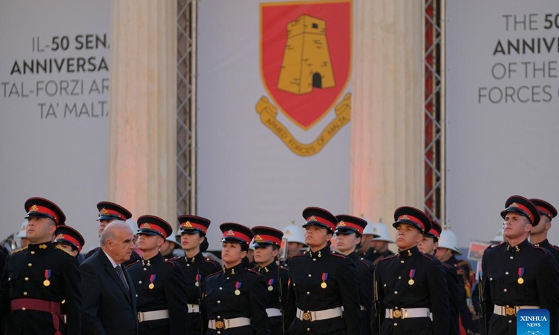 Maltese President George Vella (2nd L, Front) reviews members of the Armed Forces of Malta in Valletta, Malta, on April 19, 2023. The Armed Forces of Malta (AFM) commemorated its 50th anniversary with a grand parade in Valletta on Wednesday. (Photo: Xinhua)