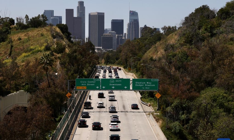 Vehicles run along a freeway in Los Angeles, California, the United States, on April 19, 2023. Nearly 120 million people in the United States, or more than one in three, live in areas with unhealthy air quality, and people of color are disproportionately affected, according to a new report released on Wednesday.(Photo: Xinhua)