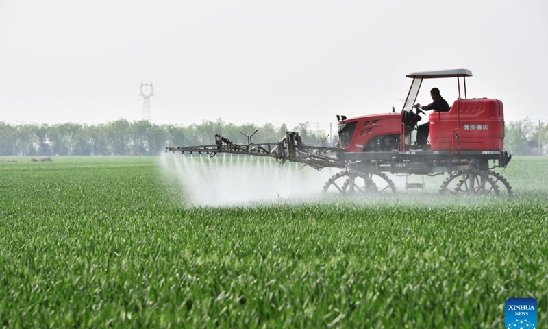 A farmer sprays pesticide in a wheat field with agricultural machinery in Zhangxiang Village, Heguo Township of Nanhe District in Xingtai City, north China's Hebei Province, April 19, 2023. As the winter wheat enters the heading stage in central and southern Hebei Province, local agricultural departments have been guiding farmers to carry out wheatland management on time to secure a bumper summer harvest.(Photo: Xinhua)