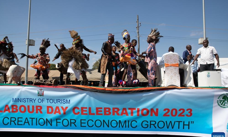 Workers from the Ministry of Tourism take part in the Labour Day parade in Lusaka, Zambia, May 1, 2023. Zambia on Monday commemorated the Labour Day with a grand ceremony held in the country's capital. (Xinhua/Peng Lijun)