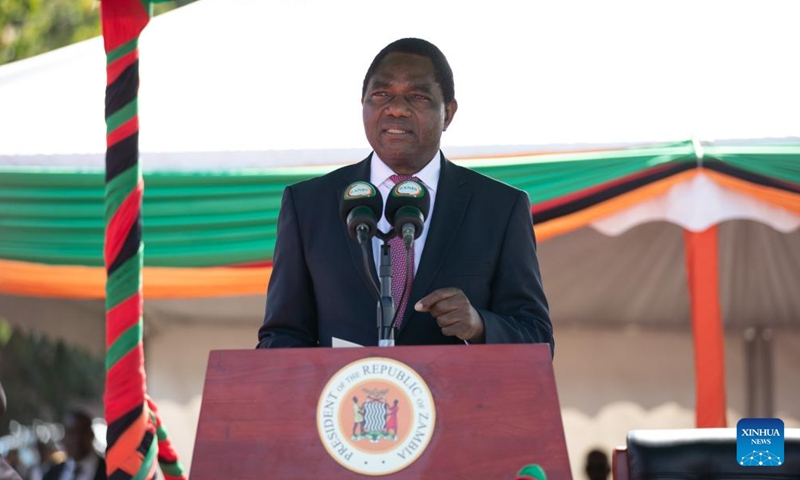 Zambian President Hakainde Hichilema speaks during the Labour Day parade in Lusaka, Zambia, May 1, 2023. Zambia on Monday commemorated the Labour Day with a grand ceremony held in the country's capital. (Xinhua/Peng Lijun)