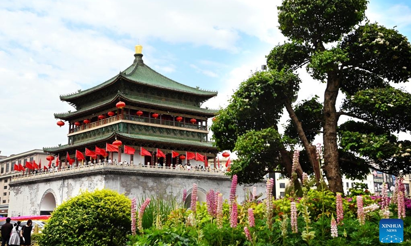 This photo taken on May 1, 2023 shows a view of the Bell Tower in Xi'an, northwest China's Shaanxi Province. Xi'an, a city with over 3,100 years of history, served as the capital for 13 dynasties in Chinese history. It is also home to the world-renowned Terracotta warriors created in the Qin Dynasty (221-207 BC).(Photo: Xinhua)