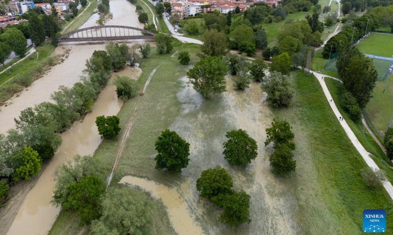 Aerial photo taken on May 17, 2023 shows a flooded area in Rimini, Emilia-Romagna region, Italy. At least eight people have died and 12,000 were forced to flee their homes on Tuesday and Wednesday after torrential rainfall caused flash floods in and around Italy's Emilia-Romagna region.(Photo: Xinhua)