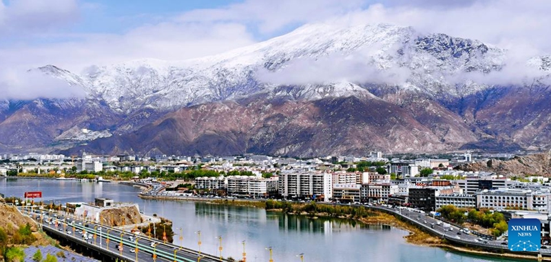 This photo taken with a mobile phone on May 11, 2023 shows the city view seen from the Nanshan Park in Lhasa, capital of southwest China's Tibet Autonomous Region. (Xinhua/Shen Hongbing)