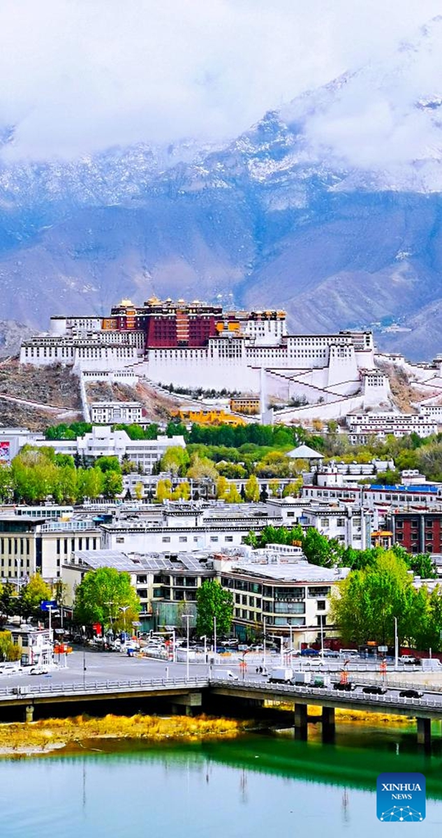 This photo taken with a mobile phone on May 11, 2023 shows the city view seen from the Nanshan Park in Lhasa, capital of southwest China's Tibet Autonomous Region. (Xinhua/Shen Hongbing)