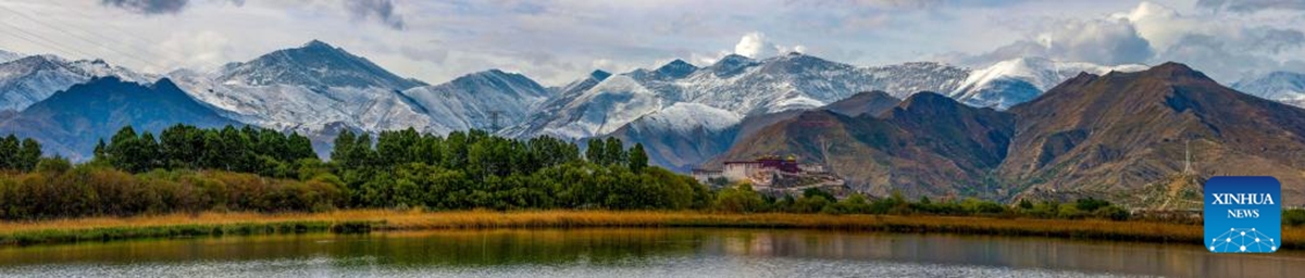 This stitched photo taken on May 12, 2023 shows the Lhalu wetland in Lhasa, southwest China's Tibet Autonomous Region. (Xinhua/Jiang Fan)