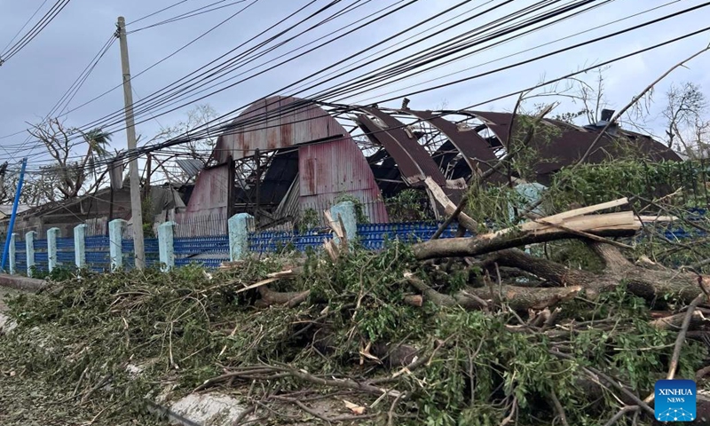This photo taken on May 15, 2023 shows damages caused by Cyclone Mocha in Sittwe, Rakhine State, Myanmar. On Sunday, extremely severe cyclonic storm Mocha hit the coastal areas of western Myanmar's Rakhine State, leaving a trail of destruction.(Photo: Xinhua)