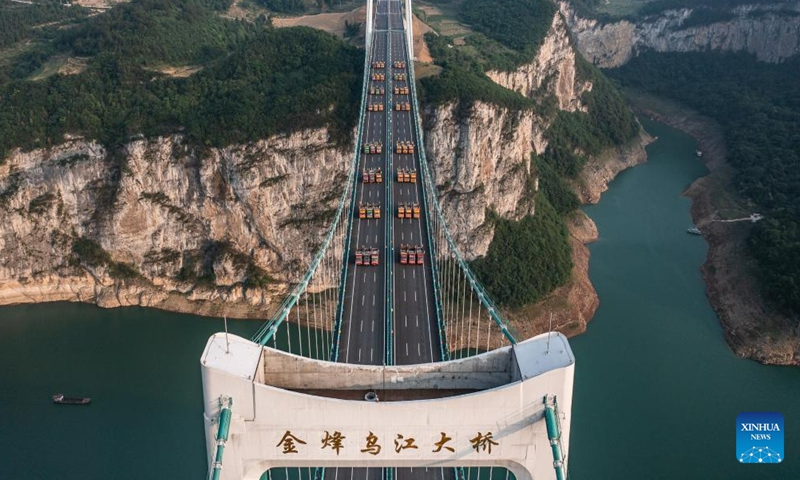This aerial photo taken on May 21, 2023 shows the Jinfeng Wujiang River Bridge under static load testing in southwest China's Guizhou Province. Static load testing, including symmetrical and asymmetrical rounds, were conducted on the bridge Sunday. The bridge, which is 1473.5 meters in length, is a main project on the Guiyang-Jinsha-Gulin expressway. (Xinhua/Tao Liang)