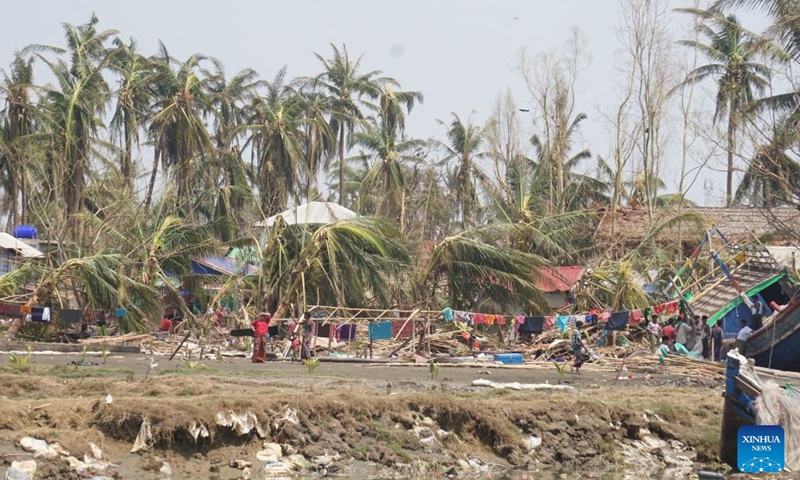 This photo taken on May 17, 2023 shows houses damaged by Cyclone Mocha in Sittwe, Rakhine State, Myanmar. The death toll from Cyclone Mocha in Myanmar has reached 48 as of Wednesday afternoon, state media reported on Thursday.(Photo: Xinhua)