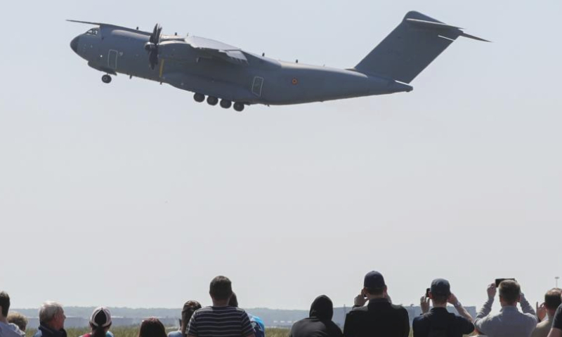 An Airbus A400M transport aircraft takes off during an open day at the Melsbroek Air Base in Steenokkerzeel, Belgium, May 27, 2023. Belgian Air Force's 15th Air Transport Wing and the Directorate of Air Support (DAFA) celebrate their 75th and 30th anniversary with two-day public open day activities on May 27 and 28. (Xinhua/Zheng Huansong)