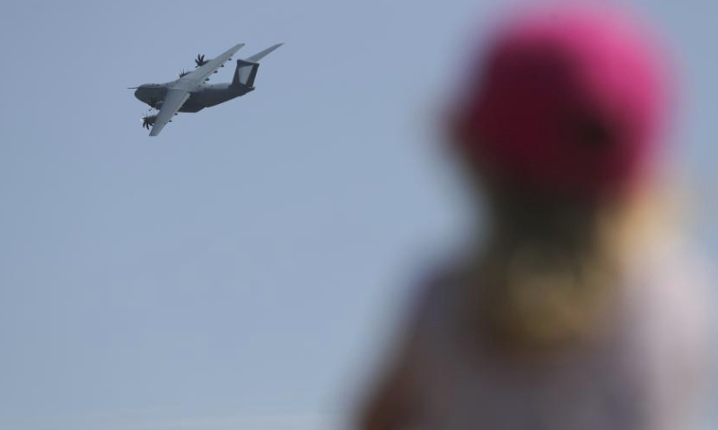 An Airbus A400M transport aircraft takes off during an open day at the Melsbroek Air Base in Steenokkerzeel, Belgium, May 27, 2023. Belgian Air Force's 15th Air Transport Wing and the Directorate of Air Support (DAFA) celebrate their 75th and 30th anniversary with two-day public open day activities on May 27 and 28. (Xinhua/Zheng Huansong)