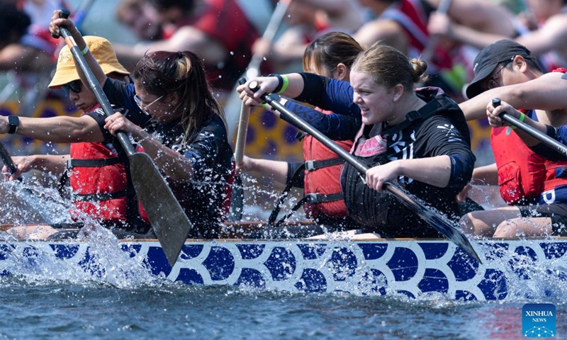 Participants compete during the 2023 Toronto International Dragon Boat Race Festival in Toronto, Canada, on June 17, 2023. This annual two-day event kicked off here on Saturday with hundreds of participants from around the world participating. (Photo by Zou Zheng/Xinhua)