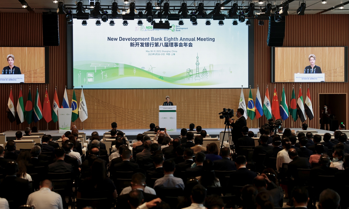 A view of the opening ceremony of the New Development Bank (NDB) Eighth Annual Meeting held in Shanghai on May 30, 2023. The two-day meeting focuses on current and future global development issues and perspectives, and how the NDB could contribute to shaping a new era of development in BRICS and other emerging economies. Photo: VCG